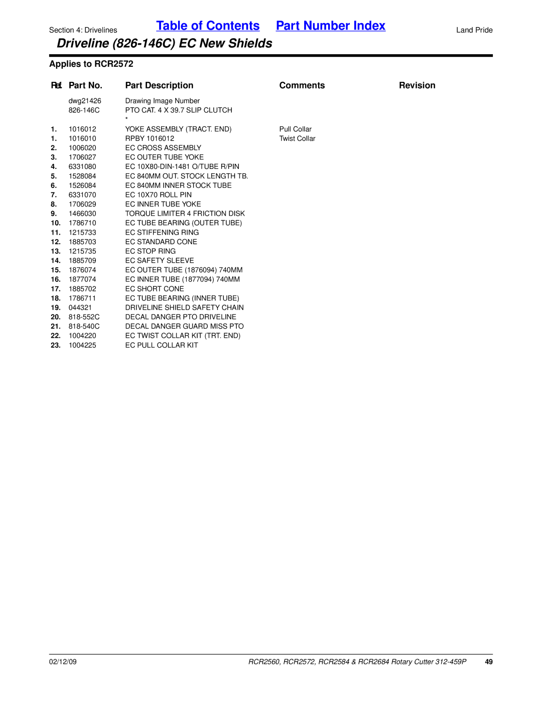 Land Pride RCR2584, RCR2684 Yoke Assembly TRACT. END, EC Cross Assembly, EC Outer Tube Yoke, EC 840MM OUT. Stock Length TB 