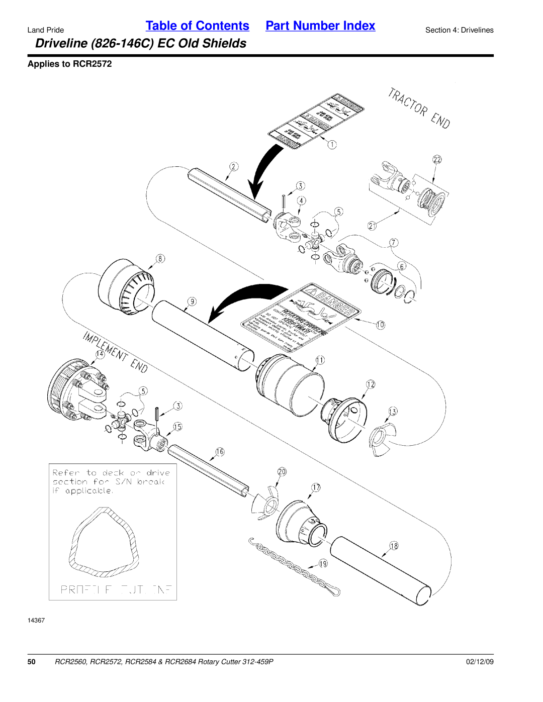 Land Pride RCR2572, RCR2684, RCR2584, RCR2560 manual Driveline 826-146C EC Old Shields 