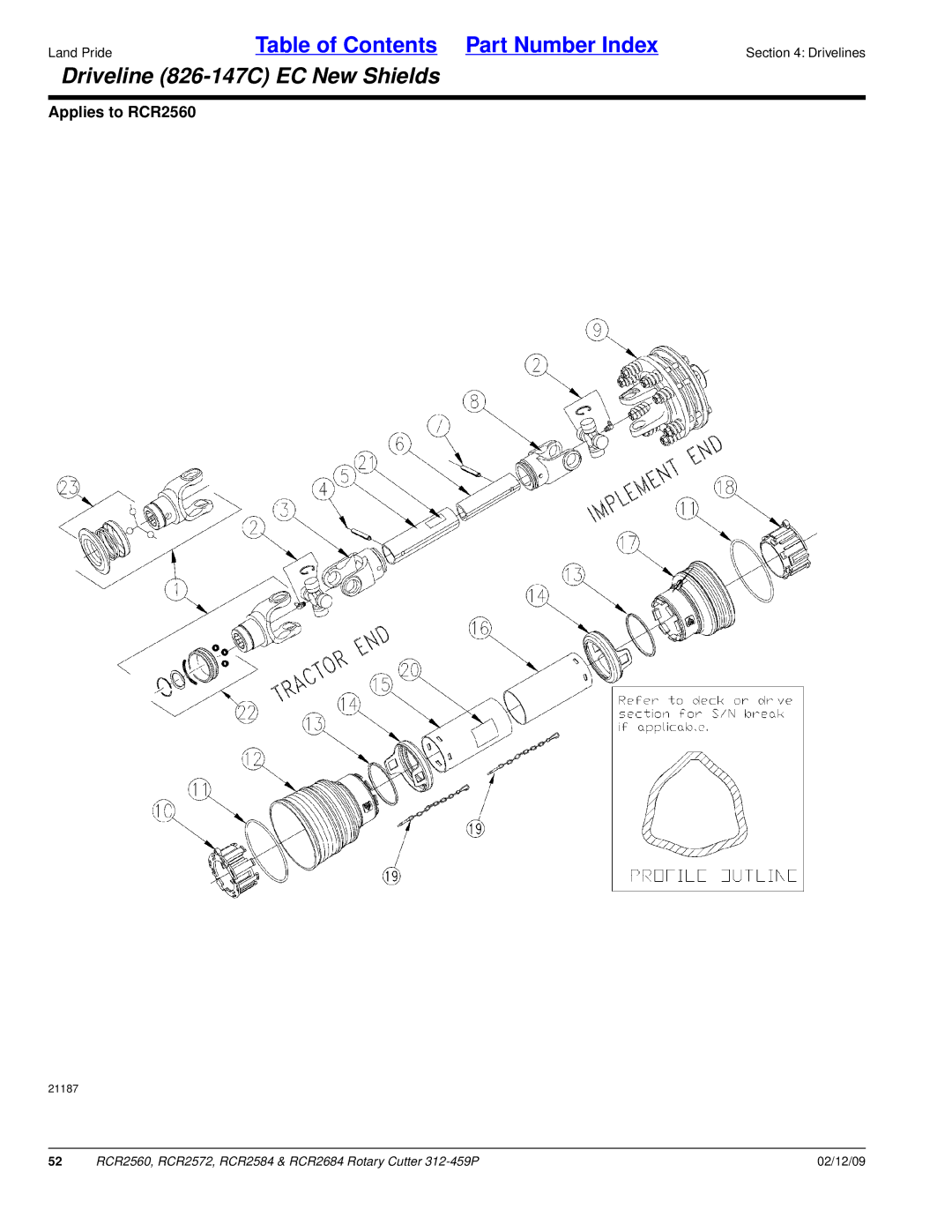 Land Pride RCR2684, RCR2584, RCR2572, RCR2560 manual Driveline 826-147C EC New Shields 