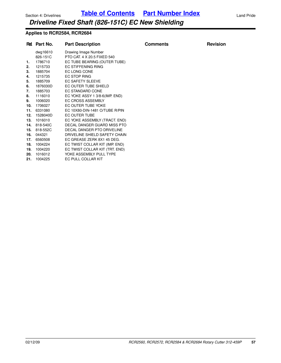 Land Pride RCR2584, RCR2684 EC Long Cone, EC Safety Sleeve 1876030D EC Outer Tube Shield, EC Yoke Assy 1 3/8-6IMP. END 