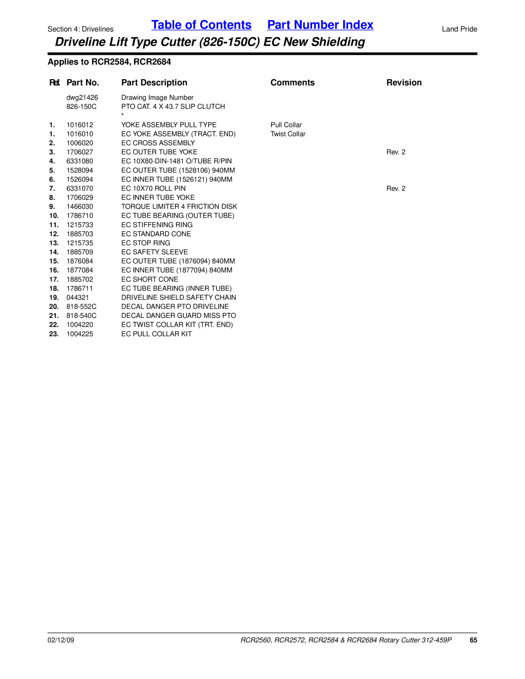 Land Pride RCR2584, RCR2684, RCR2572, RCR2560 manual Dwg21426 Drawing Image Number 826-150C 