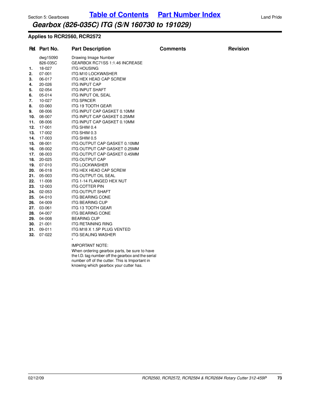 Land Pride RCR2584 Gearbox RC71SS 11.46 Increase, ITG Housing, ITG M10 Lockwasher, ITG HEX Head CAP Screw, ITG Input CAP 