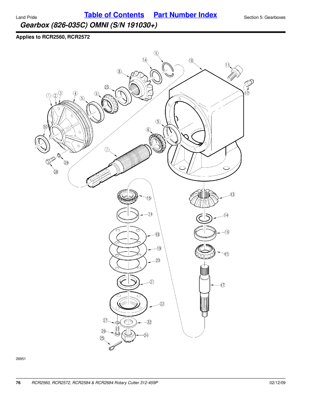 Land Pride RCR2684, RCR2584, RCR2572, RCR2560 manual Gearbox 826-035C Omni S/N 191030+ 