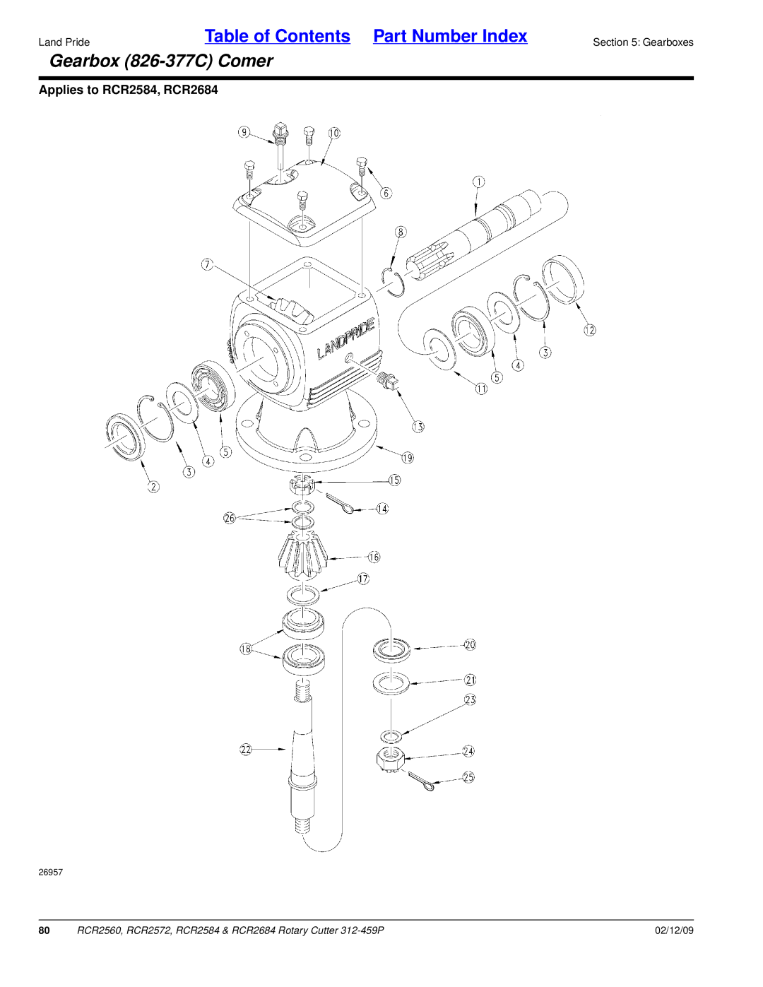 Land Pride RCR2684, RCR2584, RCR2572, RCR2560 manual Gearbox 826-377C Comer 