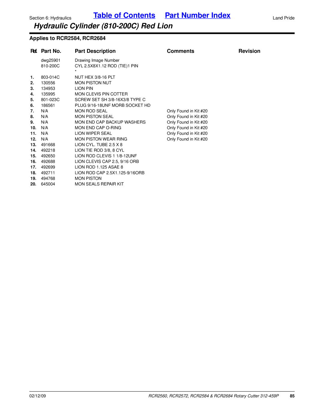 Land Pride RCR2584, RCR2684 MON Piston NUT, Lion PIN, MON Clevis PIN Cotter, Plug 9/16-18UNF Morb Socket HD MON ROD Seal 