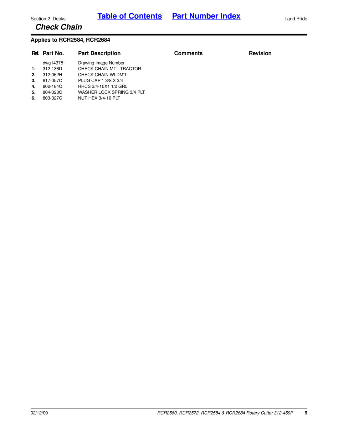 Land Pride RCR2584, RCR2684, RCR2572, RCR2560 manual 312-136D Check Chain MT Tractor 312-062H Check Chain Wldmt 