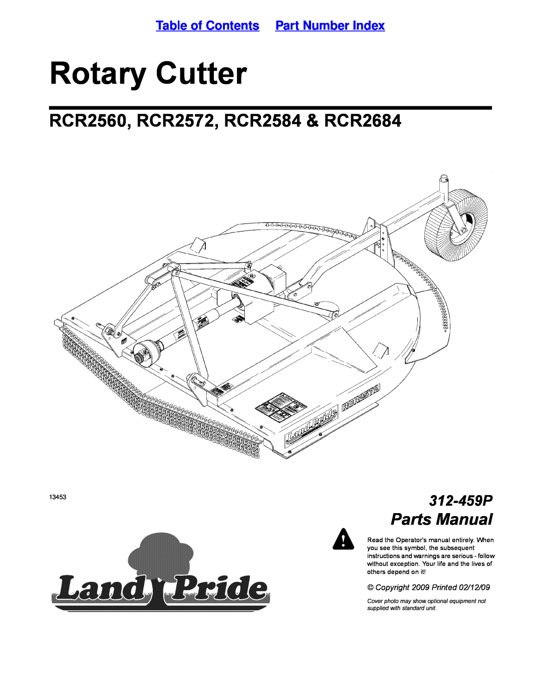 Land Pride manual Table of Contents Part Number Index, Rotary Cutter, RCR2560, RCR2572, RCR2584 & RCR2684, Parts Manual 
