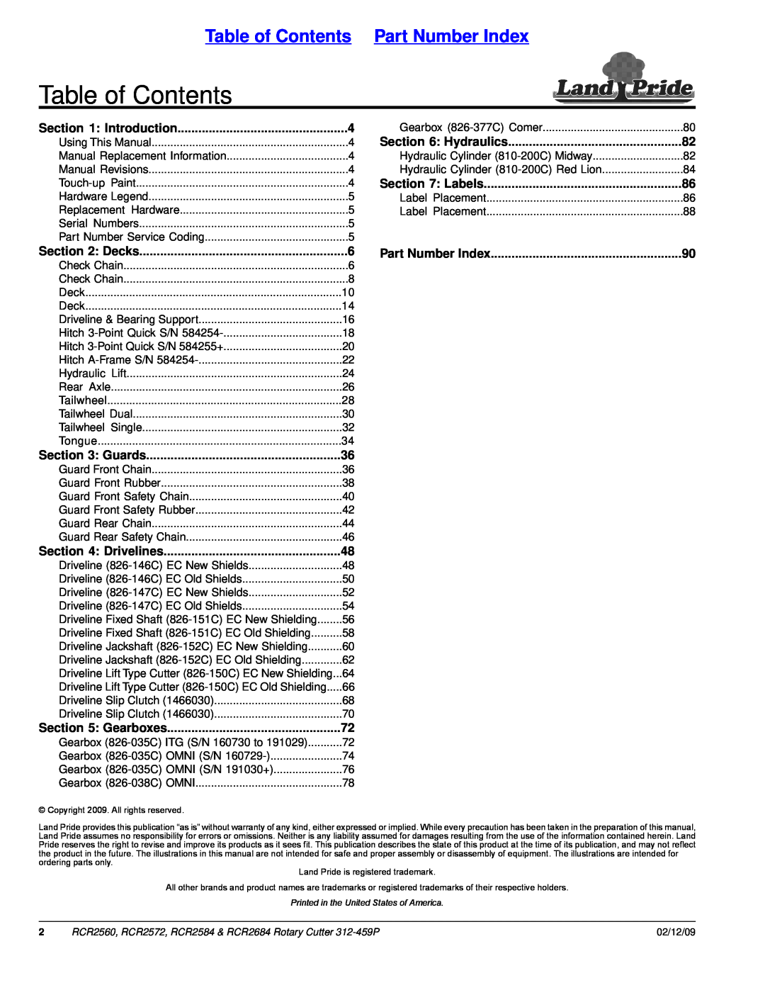Land Pride RCR2572 Table of Contents Part Number Index, Introduction, Decks, Guards, Drivelines, Gearboxes, Hydraulics 