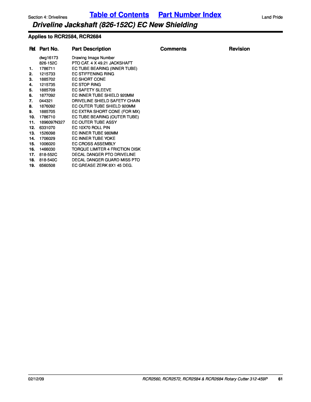 Land Pride RCR2584 manual Table of Contents Part Number Index, Driveline Jackshaft 826-152CEC New Shielding, Ref. Part No 