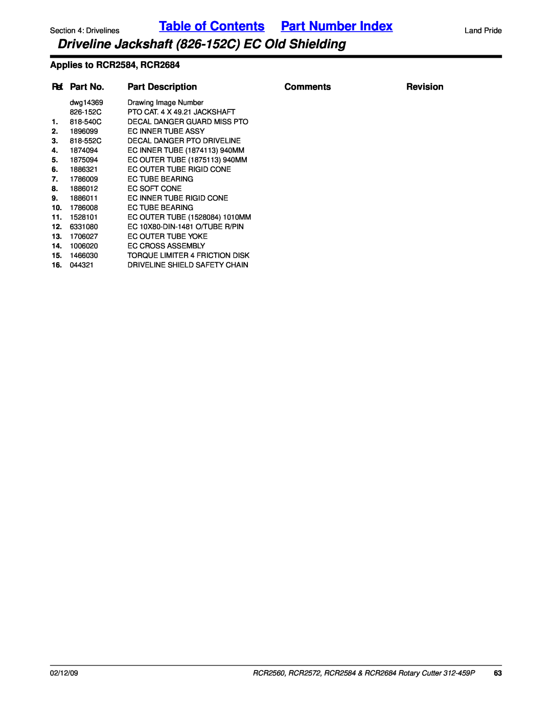 Land Pride RCR2560 manual Table of Contents Part Number Index, Driveline Jackshaft 826-152CEC Old Shielding, Ref. Part No 