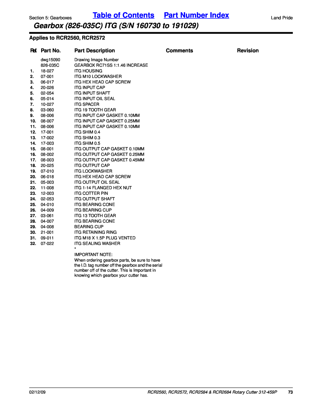 Land Pride RCR2584 Table of Contents Part Number Index, Gearbox 826-035CITG S/N 160730 to, Applies to RCR2560, RCR2572 