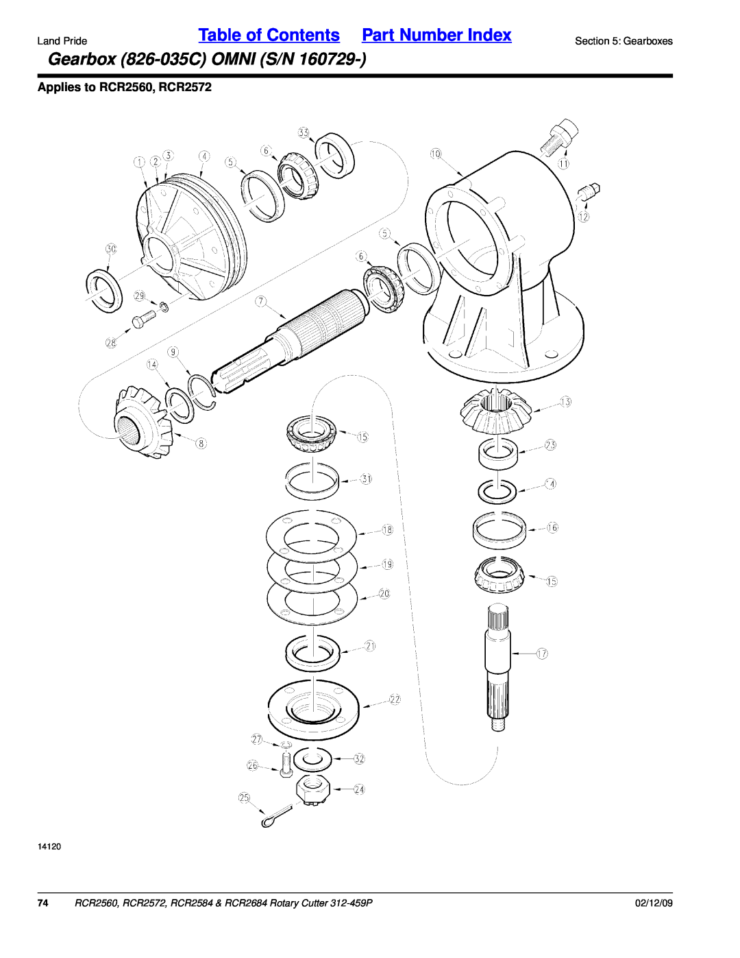 Land Pride manual Gearbox 826-035COMNI S/N, Table of Contents Part Number Index, Applies to RCR2560, RCR2572, 02/12/09 