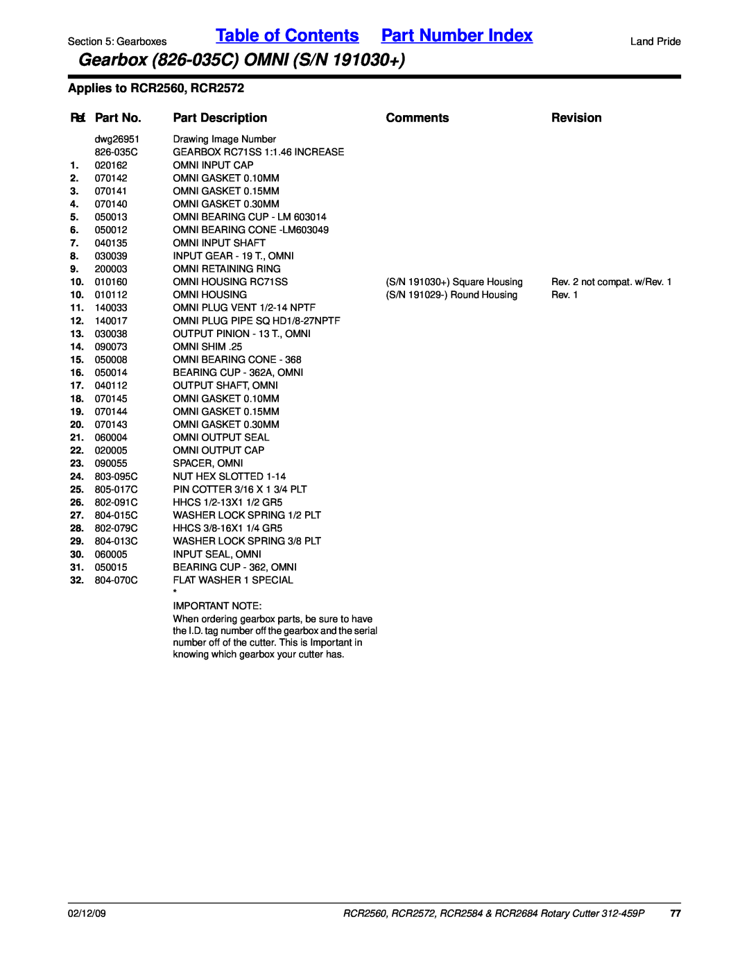 Land Pride RCR2584 Table of Contents Part Number Index, Gearbox 826-035COMNI S/N 191030+, Applies to RCR2560, RCR2572 