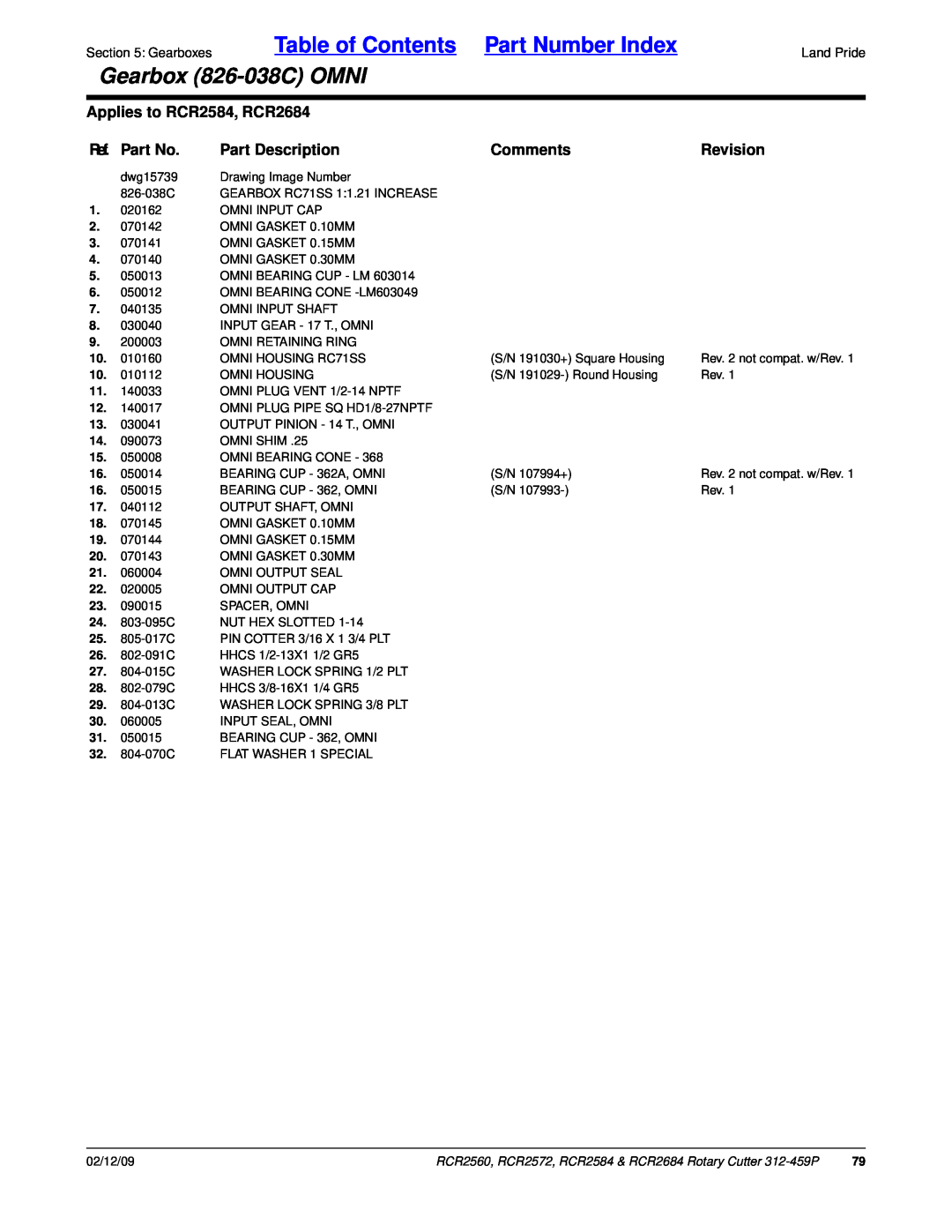 Land Pride RCR2560 Table of Contents Part Number Index, Gearbox 826-038COMNI, Applies to RCR2584, RCR2684, Ref. Part No 