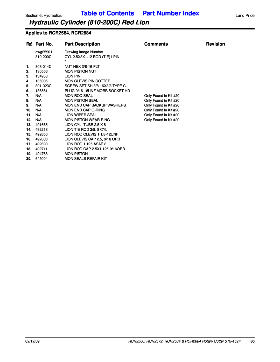 Land Pride manual Table of Contents Part Number Index, Hydraulic Cylinder 810-200CRed Lion, Applies to RCR2584, RCR2684 