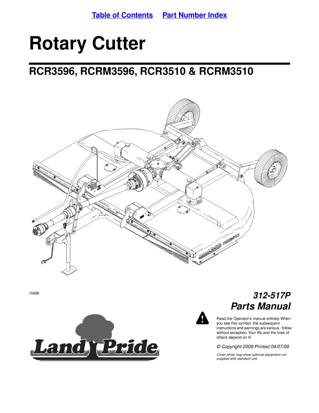 Land Pride RCRM3510, RCR3510, RCRM3596, RCR3596 manual Rotary Cutter 