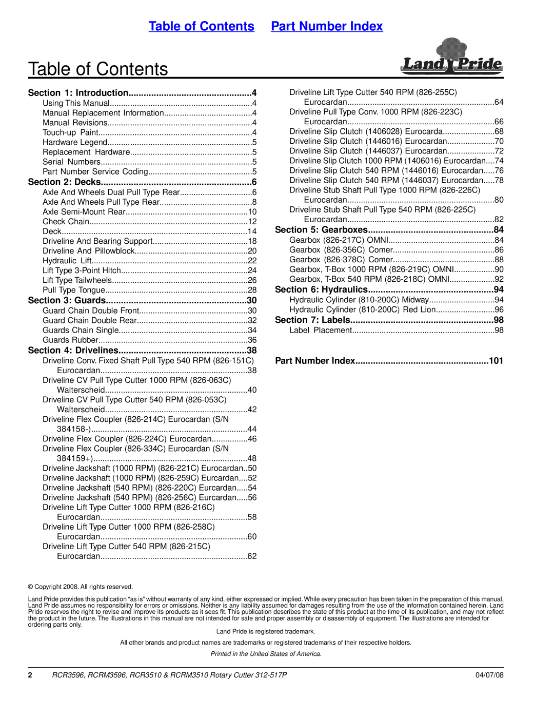 Land Pride RCRM3596, RCR3510, RCRM3510, RCR3596 manual Table of Contents 