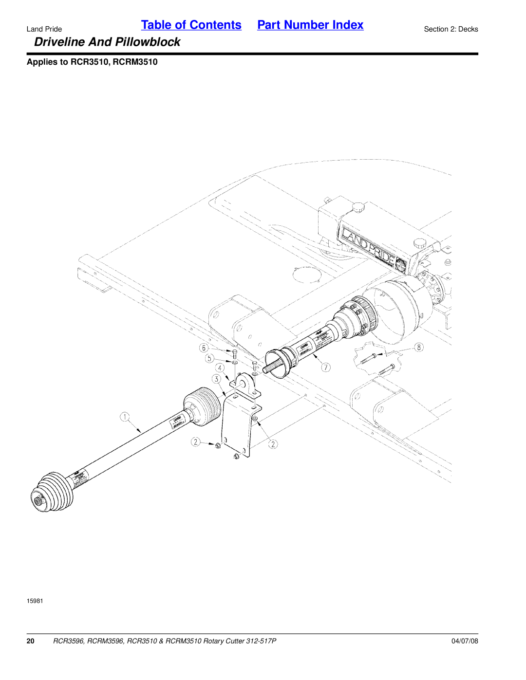 Land Pride RCR3510, RCRM3510, RCRM3596, RCR3596 manual Driveline And Pillowblock 