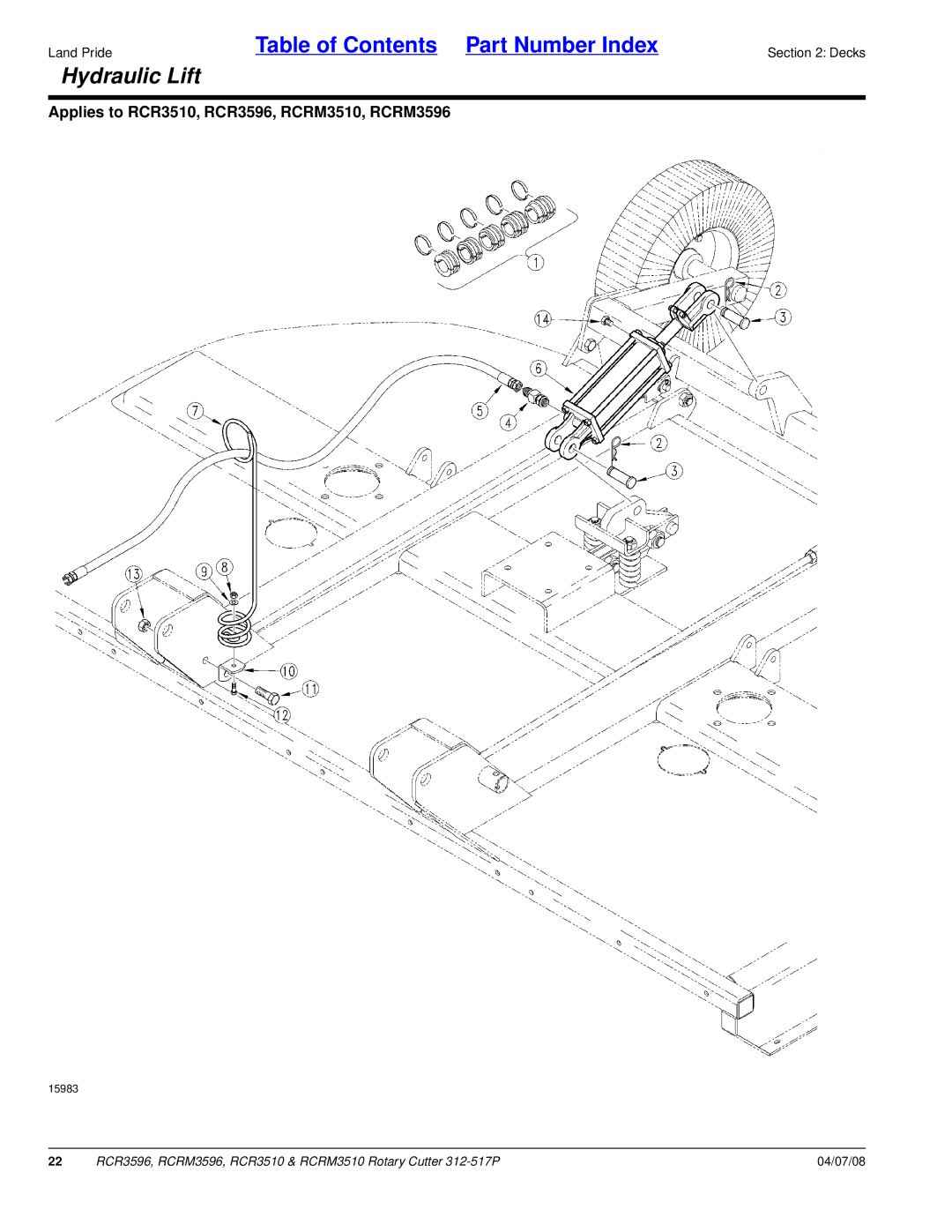 Land Pride RCRM3596, RCR3510, RCRM3510, RCR3596 manual Hydraulic Lift 