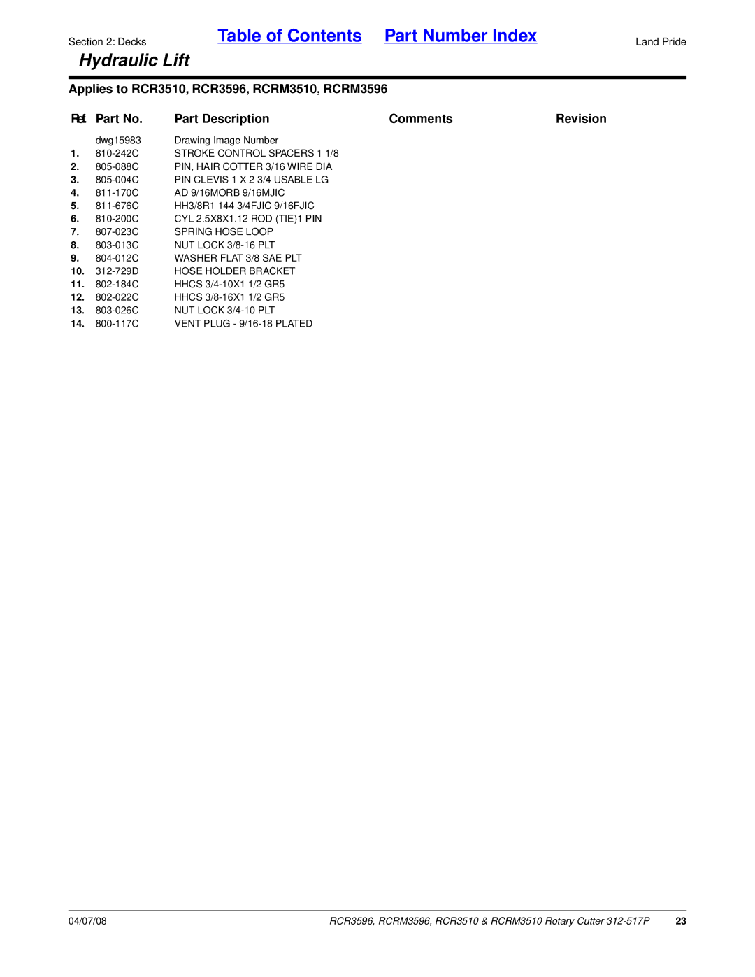 Land Pride RCR3596 manual 810-242C Stroke Control Spacers 1 1/8, PIN, Hair Cotter 3/16 Wire DIA, 807-023C Spring Hose Loop 