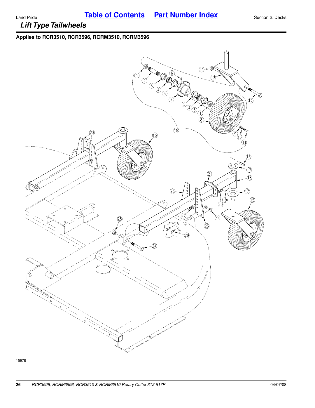 Land Pride RCRM3596, RCR3510, RCRM3510, RCR3596 manual Lift Type Tailwheels 