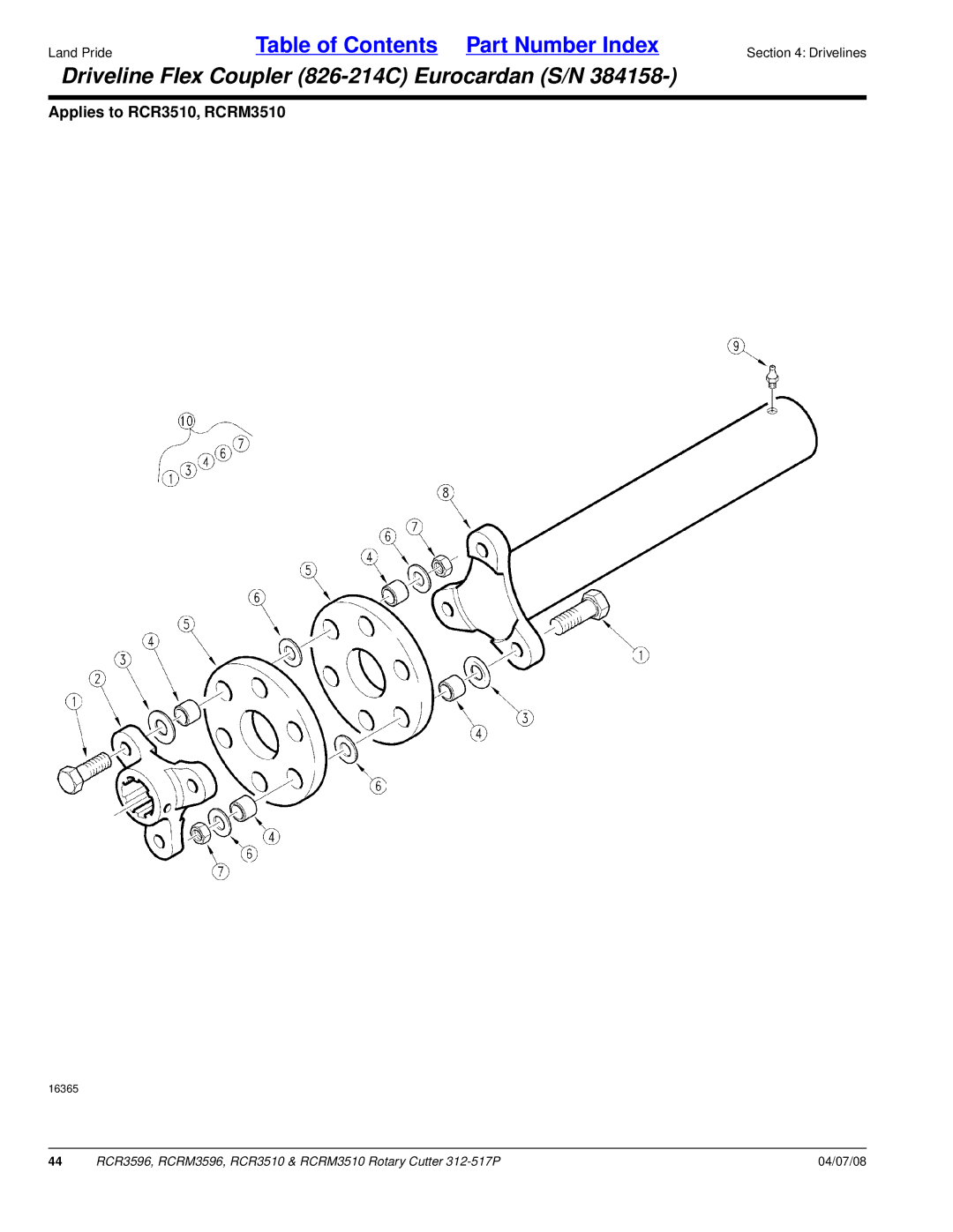 Land Pride RCR3510, RCRM3510, RCRM3596, RCR3596 manual Driveline Flex Coupler 826-214C Eurocardan S/N 