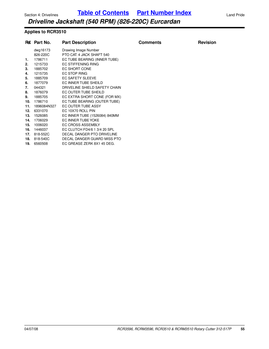 Land Pride RCR3596, RCR3510, RCRM3510, RCRM3596 manual Dwg16173 Drawing Image Number 826-220C 