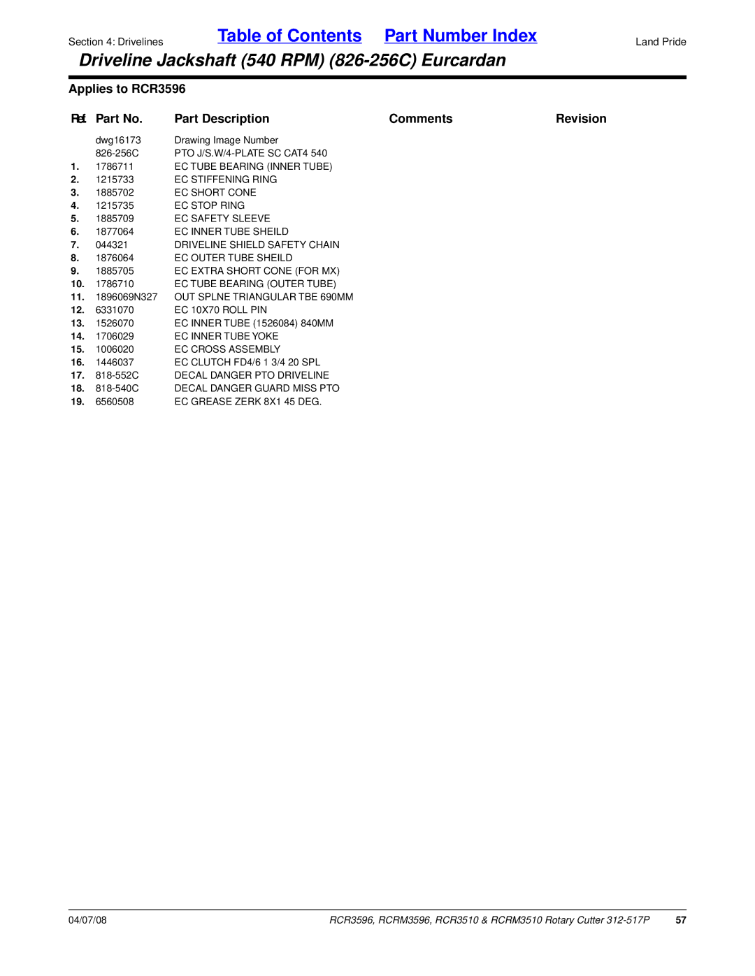 Land Pride RCRM3510, RCR3510, RCRM3596, RCR3596 manual Dwg16173 Drawing Image Number 826-256C 