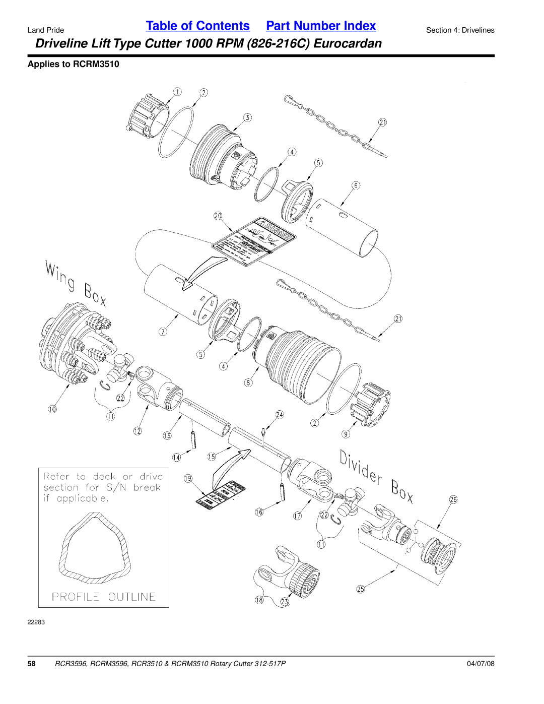 Land Pride RCRM3596, RCR3510, RCRM3510, RCR3596 manual Driveline Lift Type Cutter 1000 RPM 826-216C Eurocardan 