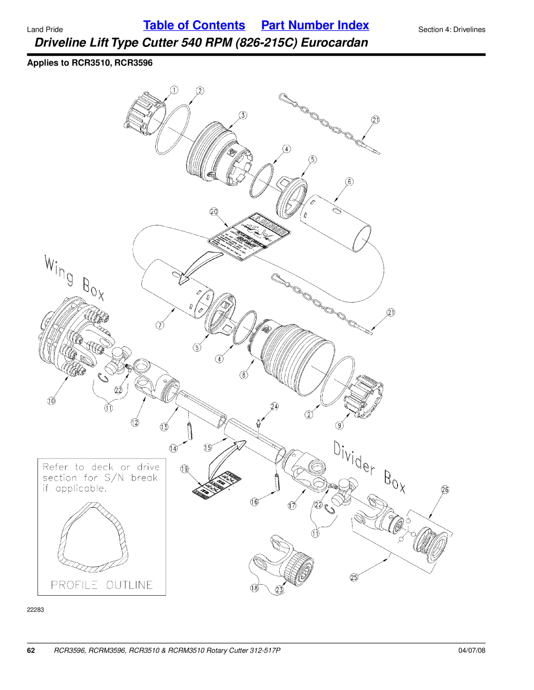 Land Pride RCRM3596, RCR3510, RCRM3510, RCR3596 manual Driveline Lift Type Cutter 540 RPM 826-215C Eurocardan 