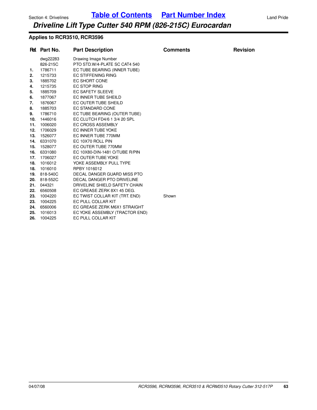 Land Pride RCR3596, RCR3510, RCRM3510, RCRM3596 manual Dwg22283 Drawing Image Number 826-215C 