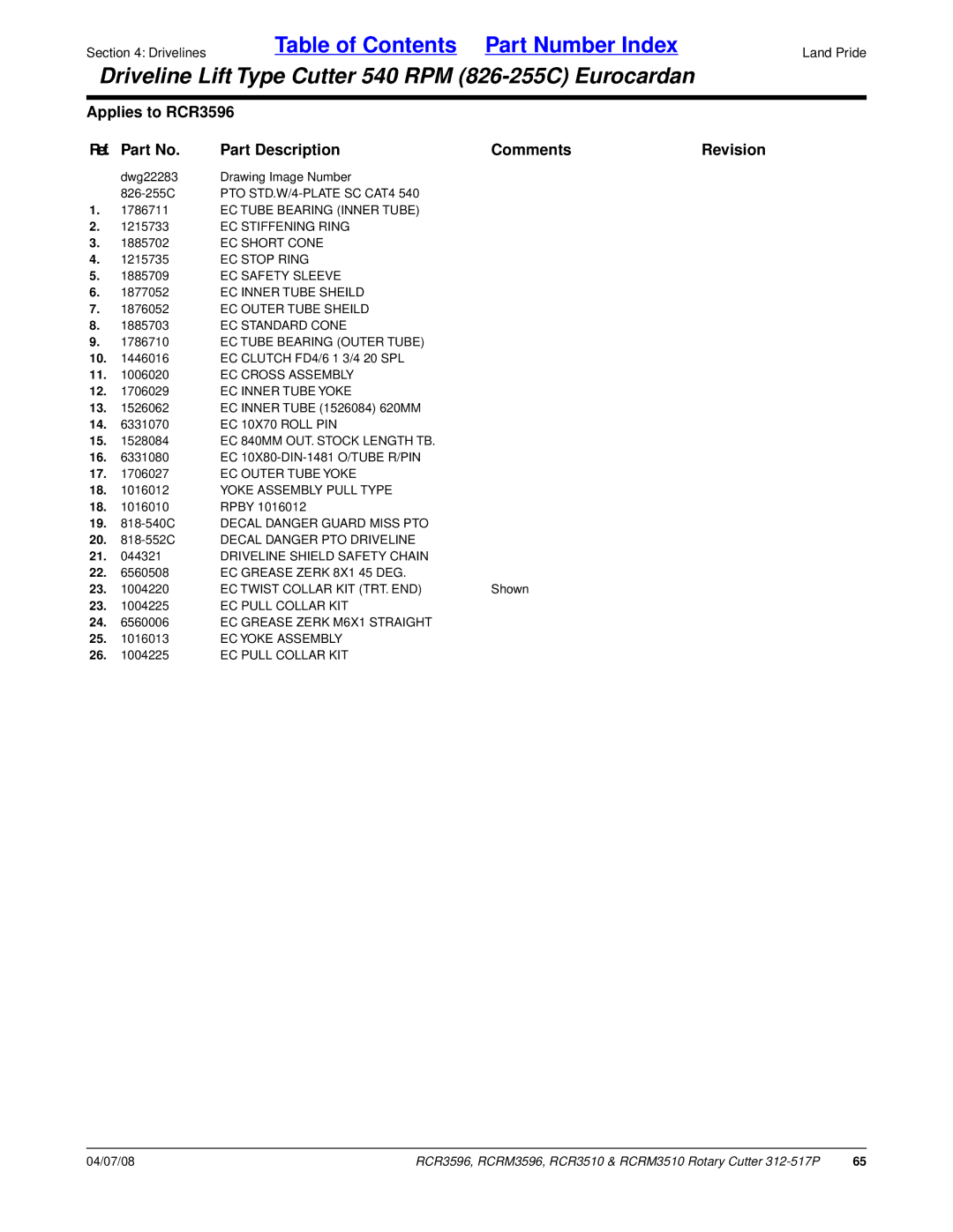 Land Pride RCRM3510, RCR3510, RCRM3596, RCR3596 manual EC 840MM OUT. Stock Length TB, EC Yoke Assembly 