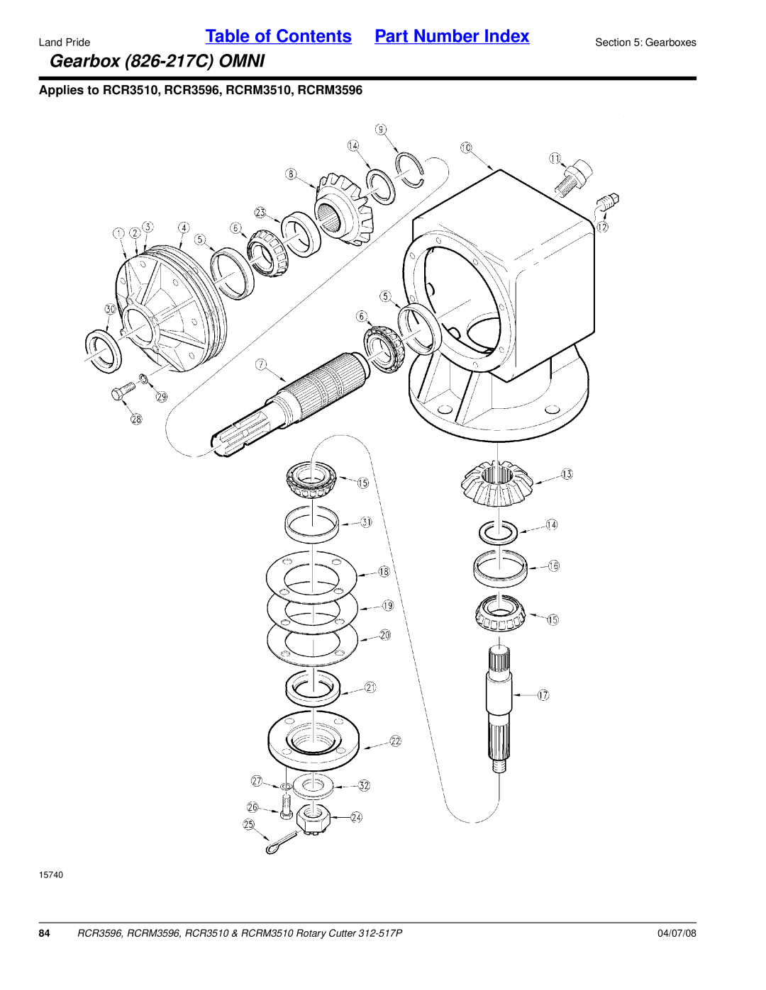 Land Pride RCR3510, RCRM3510, RCRM3596, RCR3596 manual Gearbox 826-217C Omni 