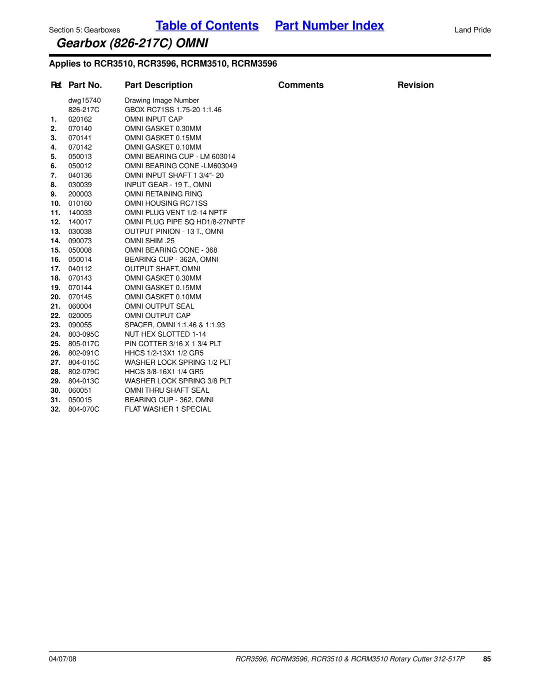 Land Pride RCRM3510 manual Omni Input CAP, Omni Gasket 0.30MM, Omni Gasket 0.15MM, Omni Gasket 0.10MM, Omni Bearing CUP LM 