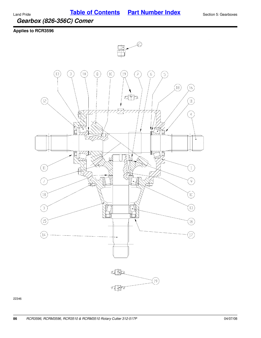 Land Pride RCRM3596, RCR3510, RCRM3510, RCR3596 manual Gearbox 826-356C Comer 