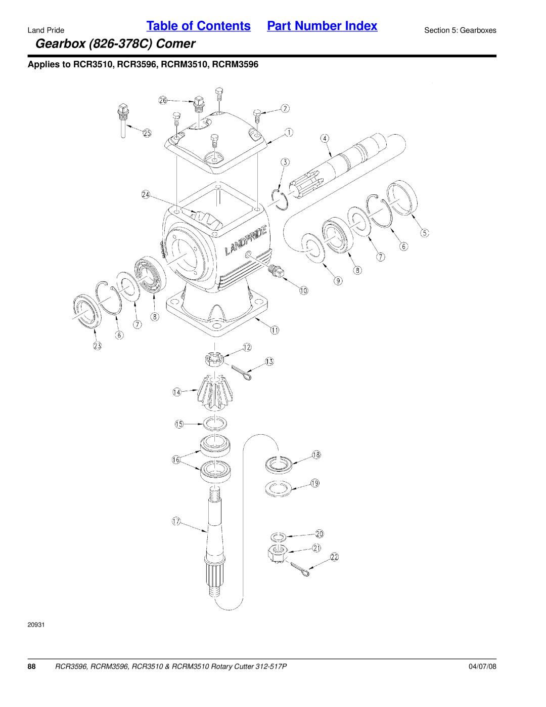 Land Pride RCR3510, RCRM3510, RCRM3596, RCR3596 manual Gearbox 826-378C Comer 