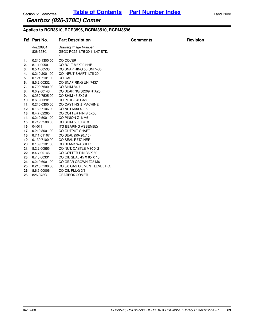 Land Pride RCRM3510, RCR3510, RCRM3596, RCR3596 manual CO Cover, ITG Bearing Assembly, Gearbox Comer 