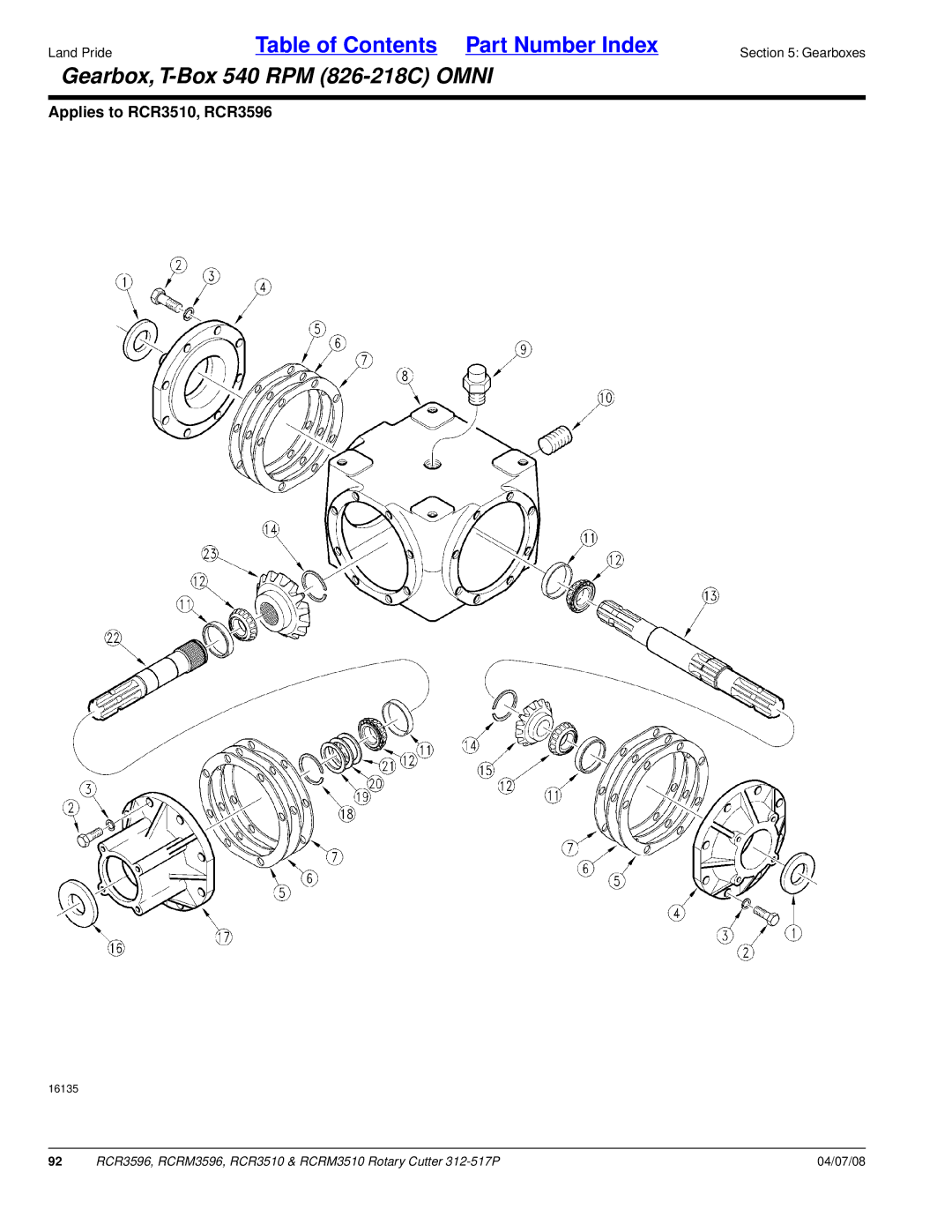 Land Pride RCR3510, RCRM3510, RCRM3596, RCR3596 manual Gearbox,T-Box 540 RPM 826-218C Omni 