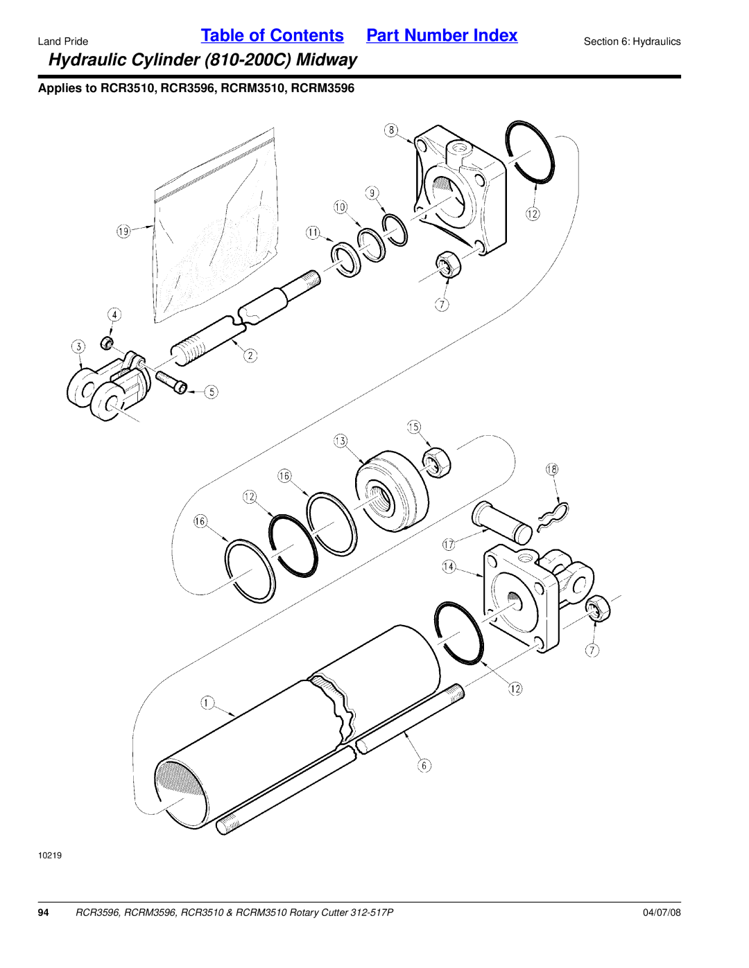 Land Pride RCRM3596, RCR3510, RCRM3510, RCR3596 manual Hydraulic Cylinder 810-200C Midway 