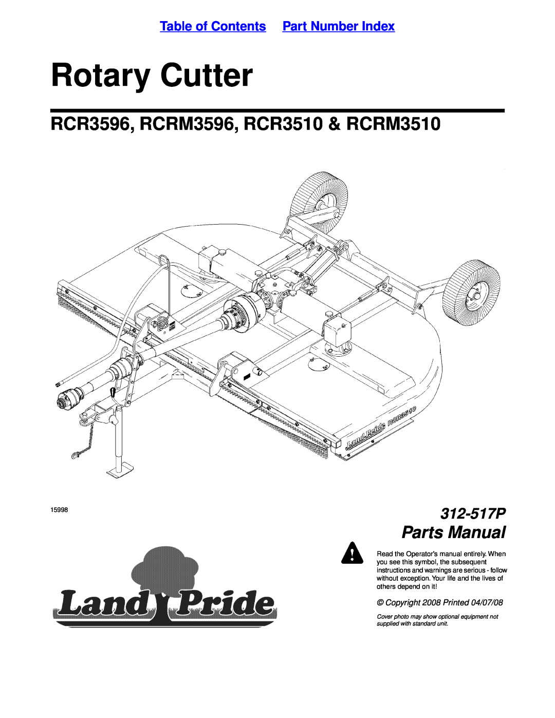 Land Pride manual Table of Contents Part Number Index, Rotary Cutter, RCR3596, RCRM3596, RCR3510 & RCRM3510, 312-517P 