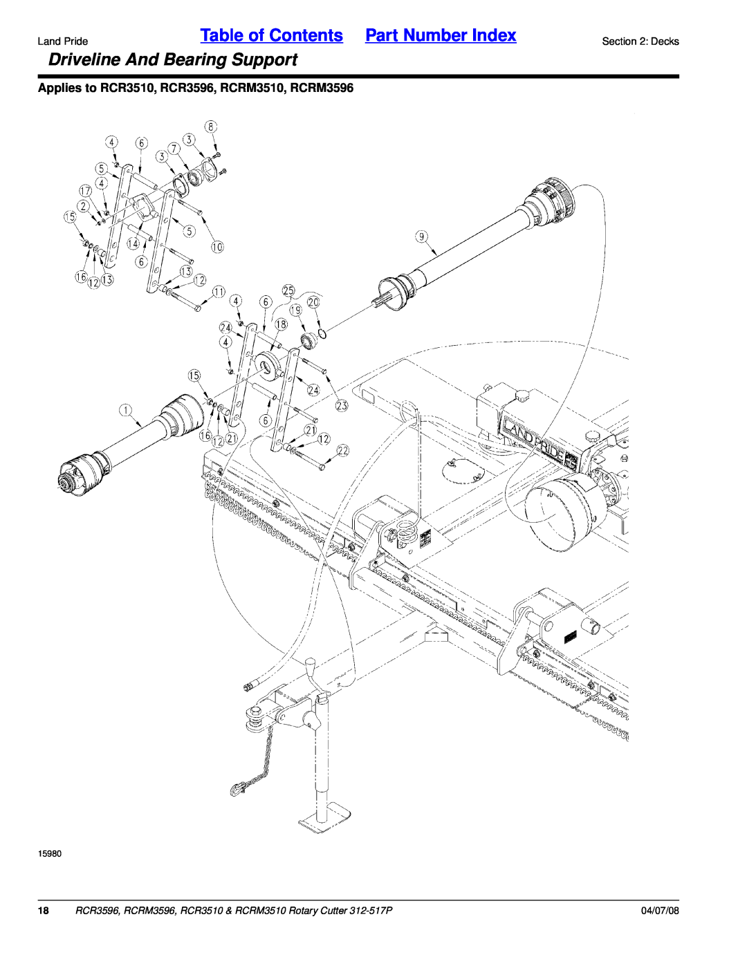 Land Pride RCRM3596, RCR3510, RCRM3510 Driveline And Bearing Support, Table of Contents Part Number Index, 04/07/08, 15980 