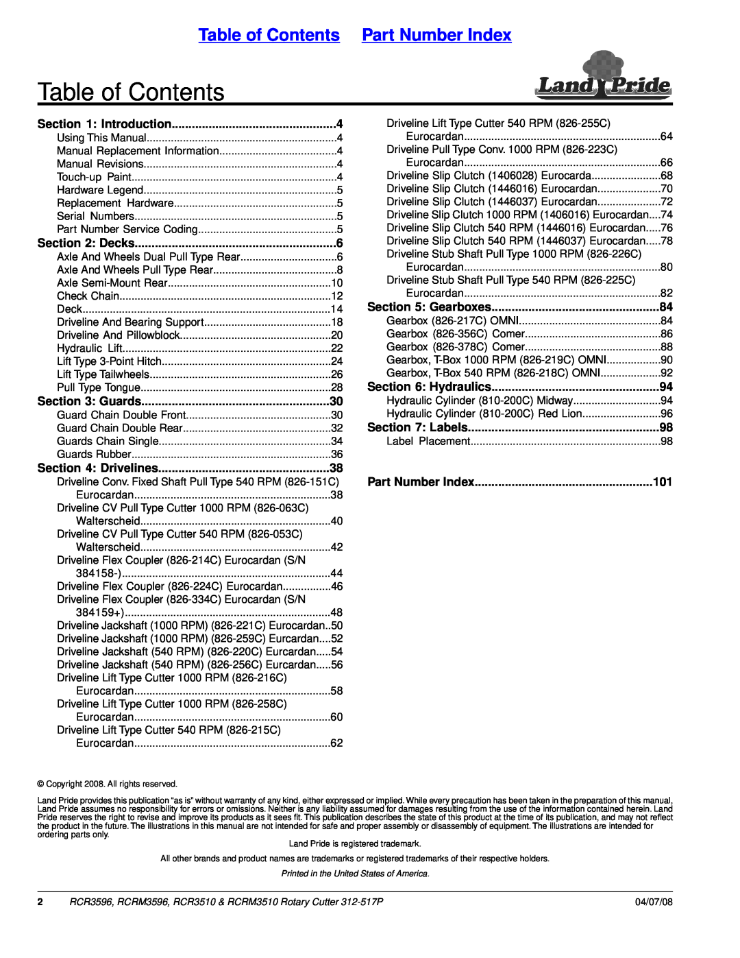 Land Pride RCRM3596 Table of Contents Part Number Index, Introduction, Decks, Guards, Drivelines, Gearboxes, Labels 