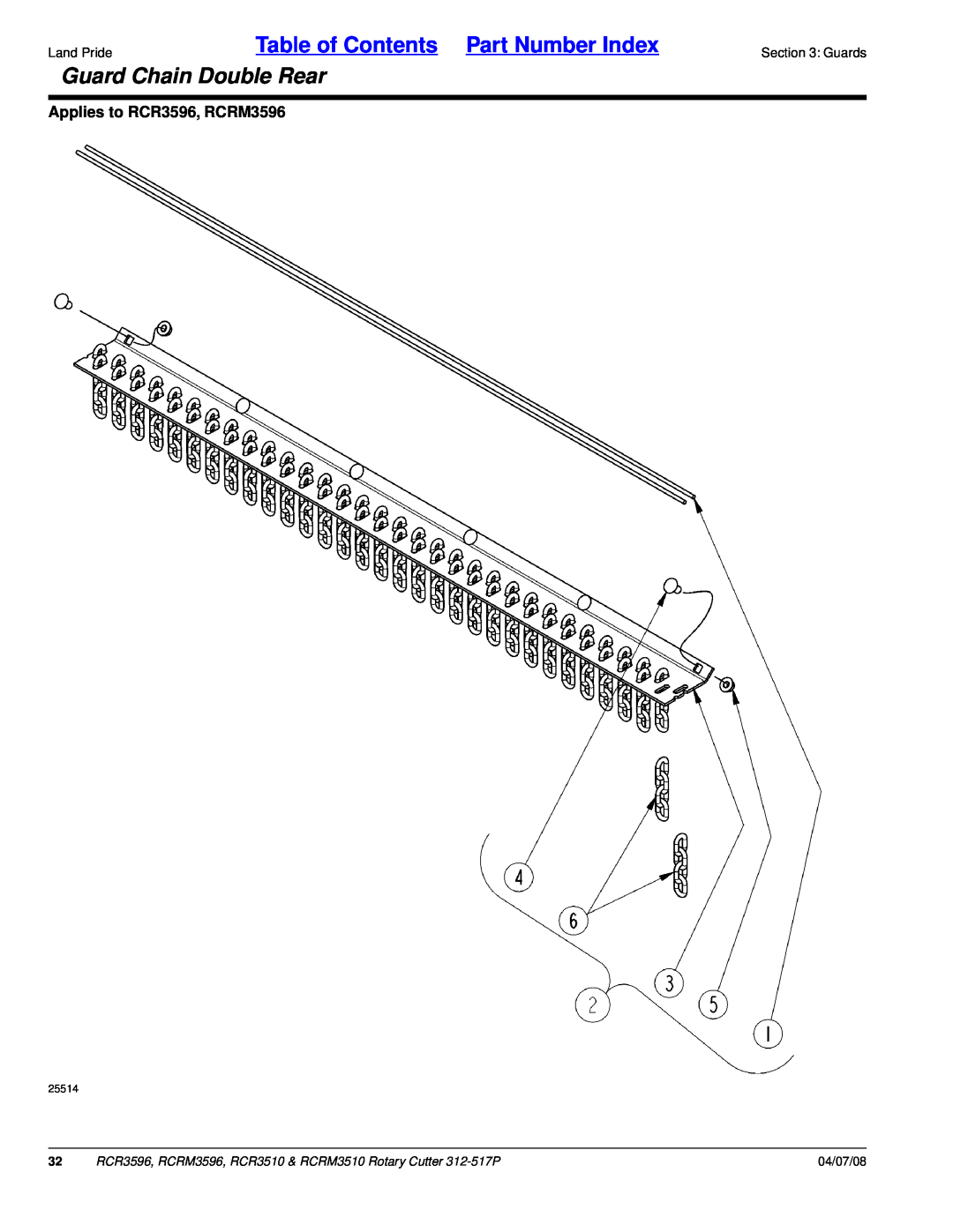 Land Pride RCR3510 Guard Chain Double Rear, Table of Contents Part Number Index, Applies to RCR3596, RCRM3596, 04/07/08 
