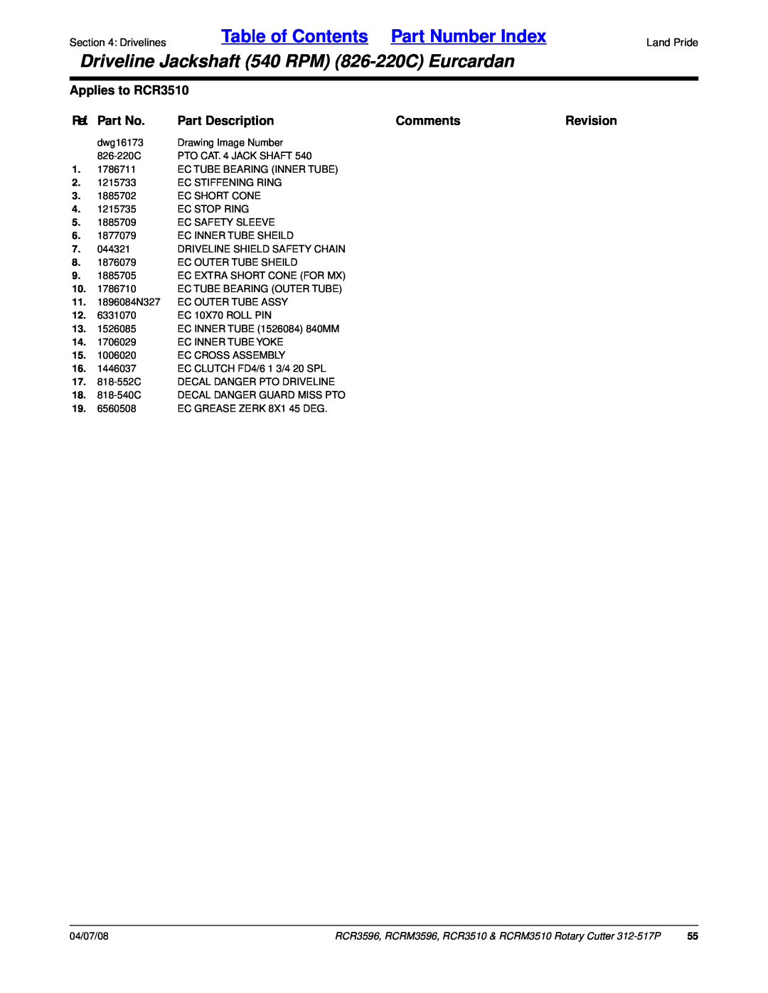 Land Pride RCR3596 Table of Contents Part Number Index, Driveline Jackshaft 540 RPM 826-220CEurcardan, Applies to RCR3510 