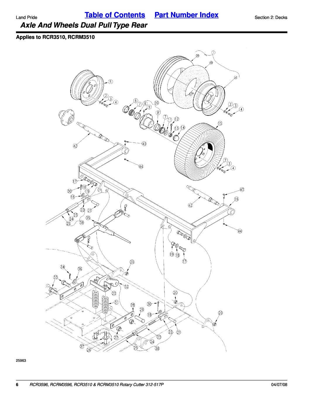 Land Pride RCRM3596 Axle And Wheels Dual Pull Type Rear, Applies to RCR3510, RCRM3510, Table of Contents Part Number Index 
