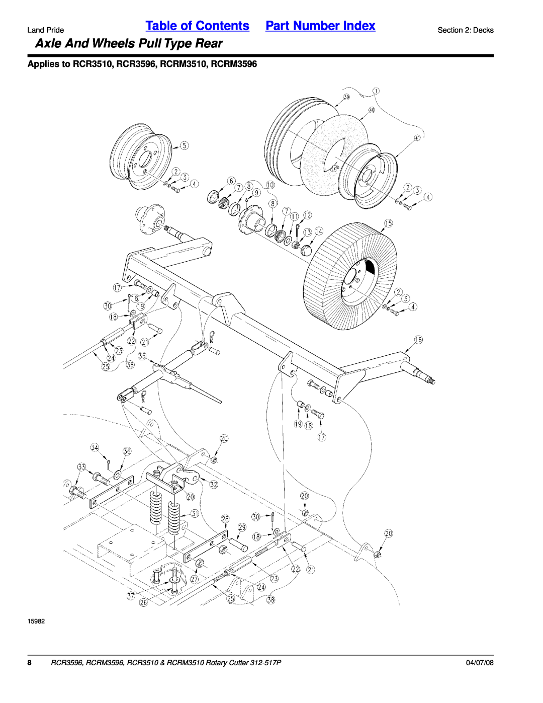 Land Pride manual Axle And Wheels Pull Type Rear, Applies to RCR3510, RCR3596, RCRM3510, RCRM3596, 04/07/08, 15982 