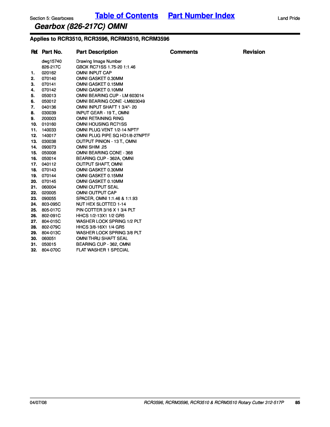 Land Pride RCRM3510 Table of Contents Part Number Index, Gearbox 826-217COMNI, Ref. Part No, Part Description, Comments 