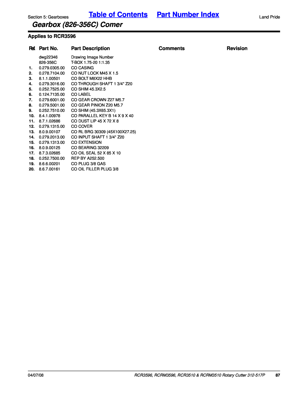 Land Pride manual Table of Contents Part Number Index, Gearbox 826-356CComer, Applies to RCR3596, Ref. Part No, Comments 