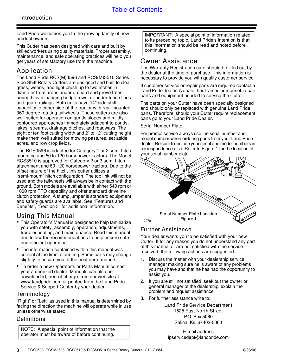 Land Pride RCSM3596, RCS3510, RCS3596, RCSM3510 manual Application, Using This Manual, Owner Assistance, Introduction 