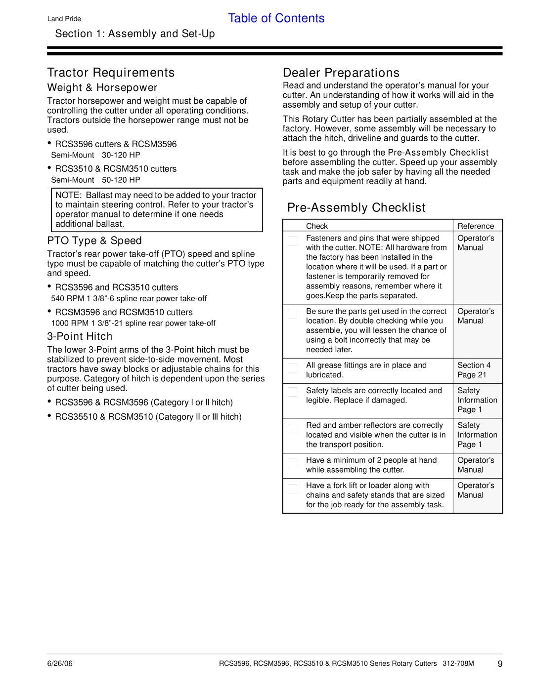 Land Pride RCSM3510, RCS3510 manual Tractor Requirements, Dealer Preparations, Pre-Assembly Checklist, Assembly and Set-Up 